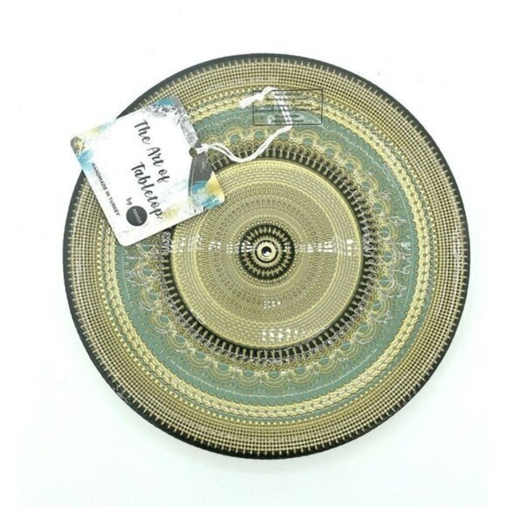 Turkish Glass 8.5" Salad Plates Hand Painted Oriental Pattern Set of 4 NWT Blue